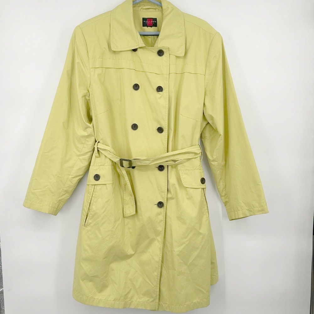 Gallery Woman Womens Trench Coat 2X Chartreuse Belted‎ Double Breasted Neon Pop